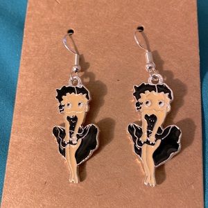Silver tone black dress black enamel dress Betty boop earrings